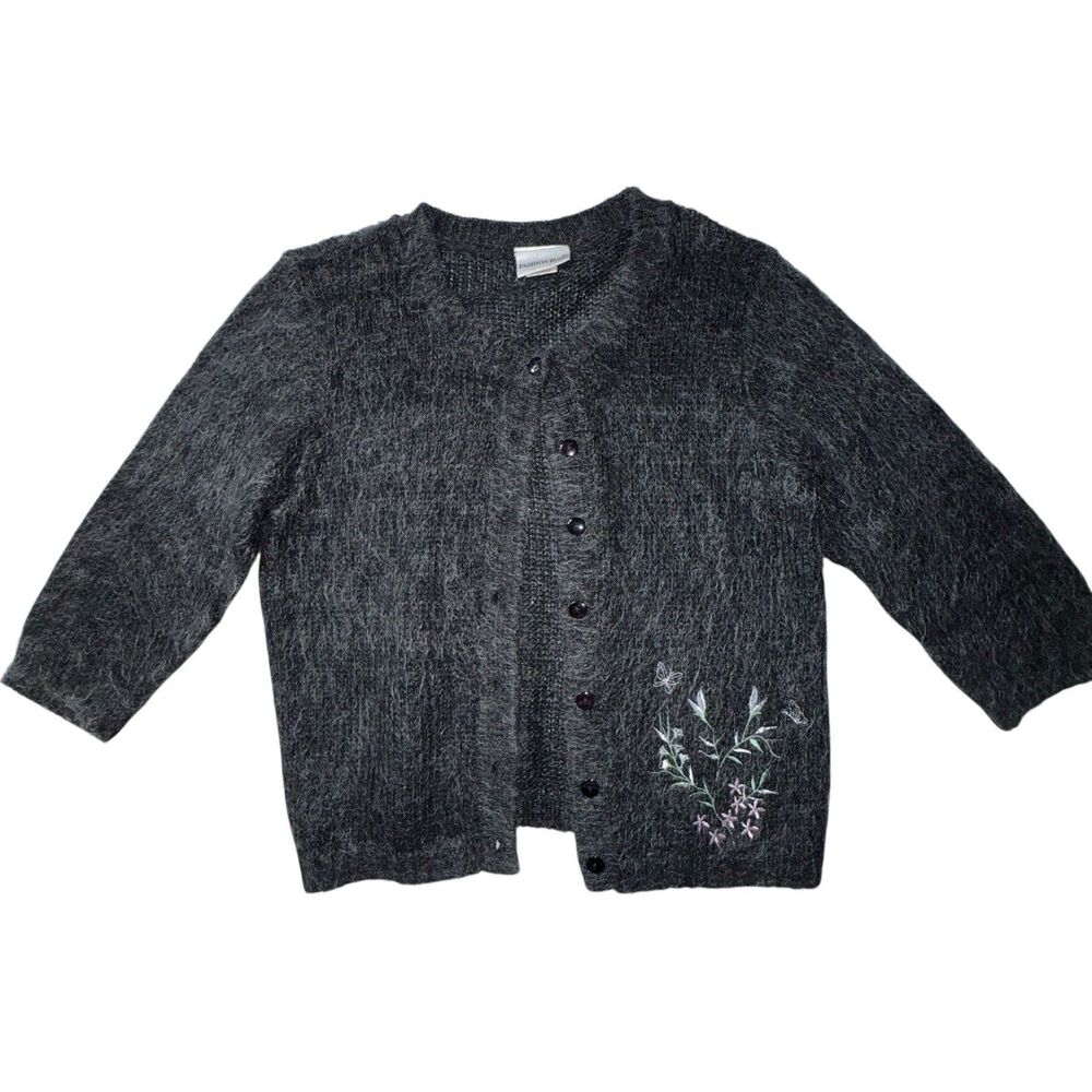 Fashion Bug Vintage 90S MohairBlend 3/4 Sleeve Cardigan Floral Embroidery Medium